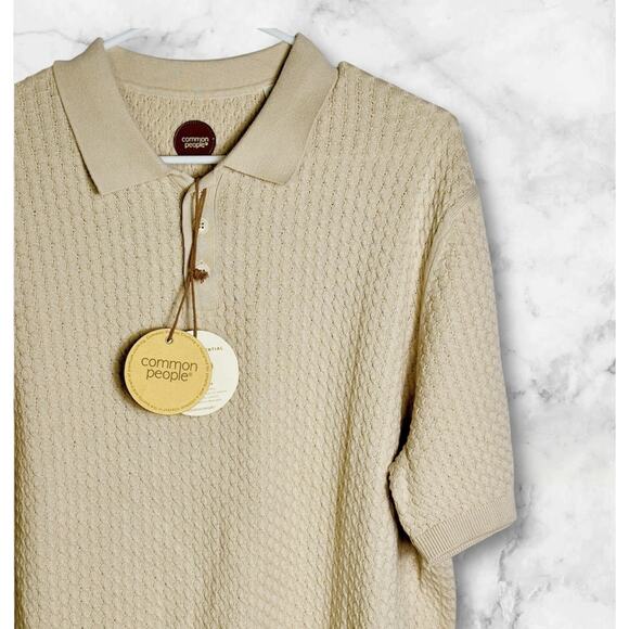 Common People Men’s L Cable Polo Texture Stretch Resort Shirt Camp Collar NEW - Picture 1 of 10